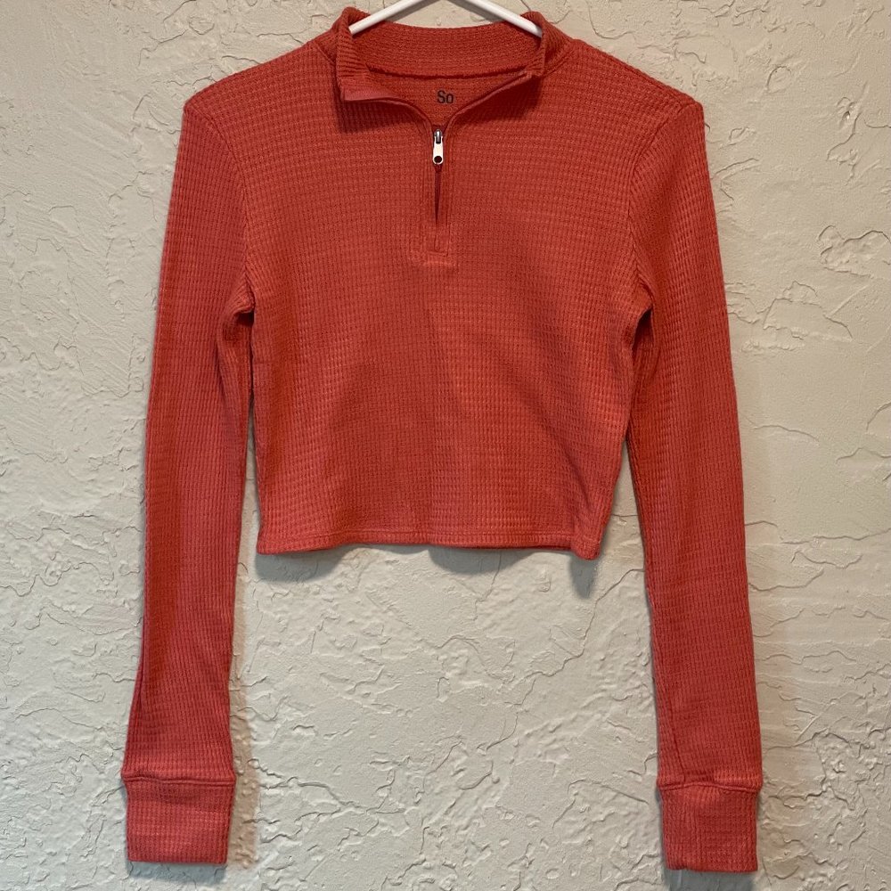 SO Long Sleeve, Quarter Zip Crop Top, Junior's Small